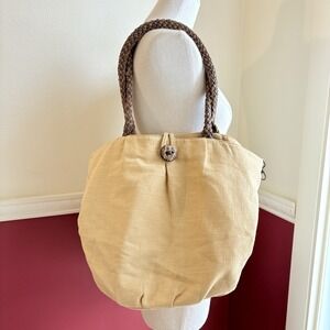 J.Jill Hobo Bucket Bag Linen Cotton Shoulder Bucket Bag Yellow Brown Boho Beachy